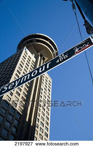 Stock Photo - Canada, British Columbia, Harbor Centre building and sign for Seymour street Downtown; Vancouver. Fotosearch