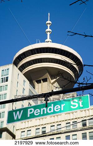 Stock Photo - Canada, British Columbia, Harbor Centre building and sign for W Pender street Downtown; Vancouver. Fotosearch