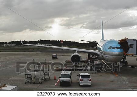 Stock Image - Canada, Ontario, Plane waiting to be boarded; Hamilton. Fotosearch