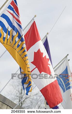 Stock Photography - Canadian, British Columbian And Olympic Flags Outside Pacific Coliseum In Vancouver, British Columbia. Fotosearch