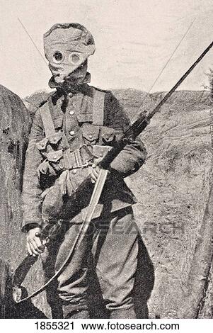 Stock Image - Canadian Soldier Wearing Gas Mask In 1915 From The War Illustrated Album Deluxe Published London 1916. Fotosearch