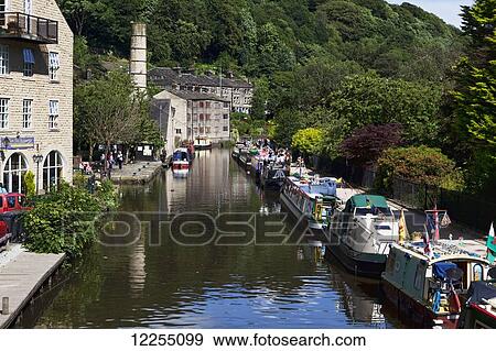 Canal boats, Hebden Bridge; Yorkshire, England View Large Photo Image Stock Photo - Canal boats, Hebden Bridge; Yorkshire, England. Fotosearch