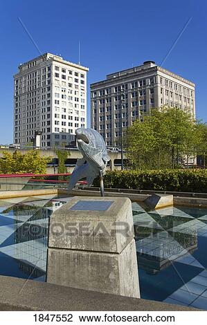 Stock Image - Canned Salmon By Chriis Wooten And Vladimir Shakov; Theatre Square, Tacoma, Washington State, Usa. Fotosearch