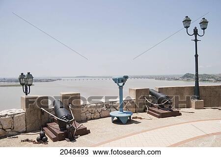 Stock Image - Cannons On The Ramparts Of San Carlos Fort On Cerro Santa Ana, Guayaquil, Guayas, Ecuador. Fotosearch