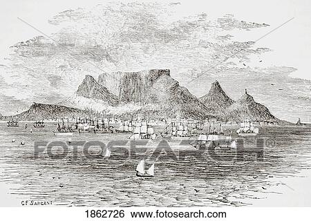 Stock Photograph - Cape Town South Africa From Table Bay Engraved By G Sargant From The Gallery Of Geography Published London Circa 1872. Fotosearch