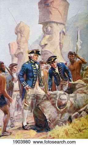 Stock Image - Captain James Cook Examining The Statues On Easter Island. From The Life And Voyages Of Captain James Cook By C. G. Cash, Published Circa 1910.. Fotosearch