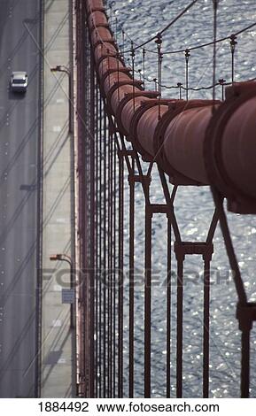 Stock Image - Car Crossing Golden Gate Bridge, Aerial View. Fotosearch
