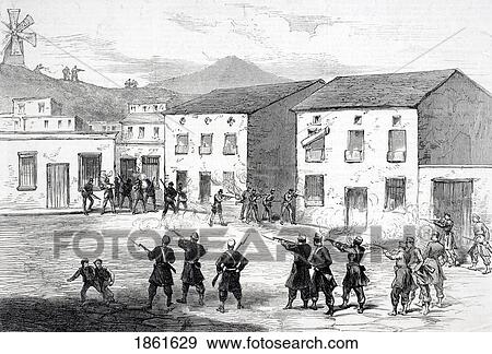 Stock Photo - Carabiniers Resisting The Insurgents At Cartagena Murcia Province Spain During 3Rd Carlist War From Illustrated London News October 4 1873. Fotosearch
