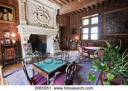 Stock Image - Card Table In A Salon Of Chateau D'azay-Le-Rideau, Azay-Le-Rideau, Indre-Et-Loire, France. Fotosearch