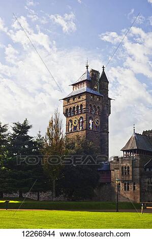 Picture - Cardiff Castle clock tower; Cardiff, Wales. Fotosearch