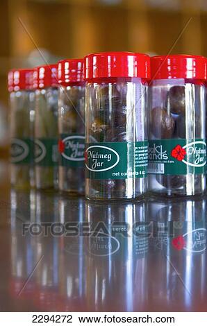Stock Image - Caribbean, Bunch of nutmeg jars; Grenada. Fotosearch