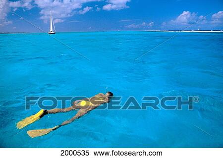 Stock Photography - Caribbean, Cayman Islands, View From Above Woman Snorkeling At Surface Of Turquoise Ocean Water Sailboat In Distance. Fotosearch
