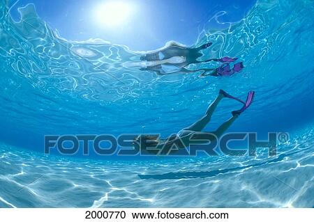 Stock Image - Caribbean, Cayman Islands, Young Woman Snorkels Sandy Bottom, Water Reflection Surface, Sunburst. Fotosearch