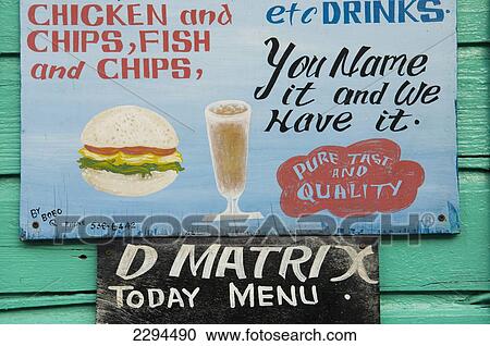 Stock Image - Caribbean, Grenada, Grenadines, Carriacou Island, Hand painted bar and restaurant signs; Hillsborough. Fotosearch