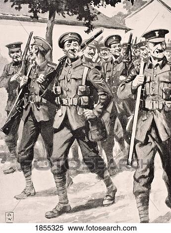 Stock Photography - Caricature-Like Drawing Of Confident British Troops On Way To Front Line Western Front 1915 From The War Illustrated Album Deluxe Published London 1916. Fotosearch
