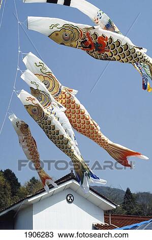 Stock Image - Carp Flags Hanging Outside House, Hiroshima, Japan. Fotosearch
