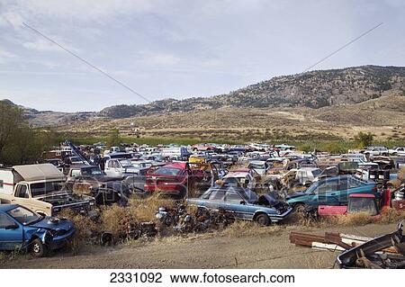 Stock Image - Cars In Junkyard; British Columbia, Canada. Fotosearch