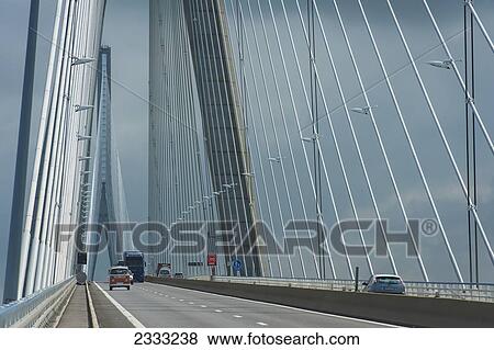 Stock Photo - Cars On Pont De Normandie; Le Havre, Normandy, France. Fotosearch