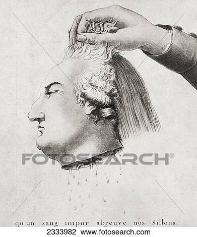 Stock Image - Cartoon From The Era Of The French Revolution Showing A Hand Holding The Decapitated Head Of Louis Xvi, Entitled That His Impure Blood May Fertilize The Furrows Of Our Fields. From A Contemporary Print.. Fotosearch