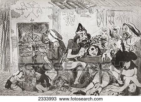 Stock Image - Cartoon Published In England, 20Th September 1792, After The September Massacres During The French Revolution, Entitled, A Family Of Sans Culottes Refreshing After The Fatigues Of The Day. From A Contemporary Print.. Fotosearch