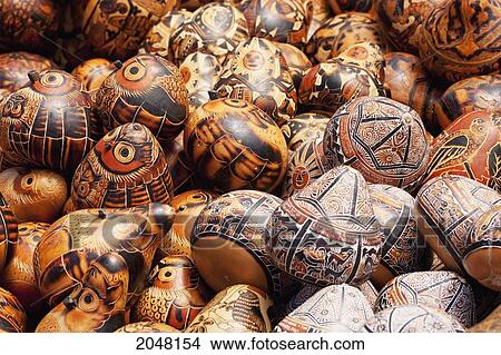 Picture - Carved And Painted Gourds For Sale At The Saturday Crafts Market, Otavalo, Imbabura, Ecuador. Fotosearch