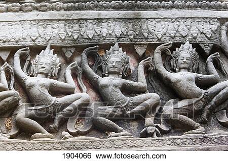Stock Photograph - Carvings Of Dancing Apsara At Prasat Preah Khan, Angkor, Siem Reap, Cambodia. Fotosearch