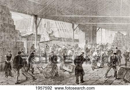 Stock Image - Cases Of Tea Being Unloaded From A China Clipper At The London Docks In 1868. From L'univers Illustre Published In Paris In 1868.. Fotosearch