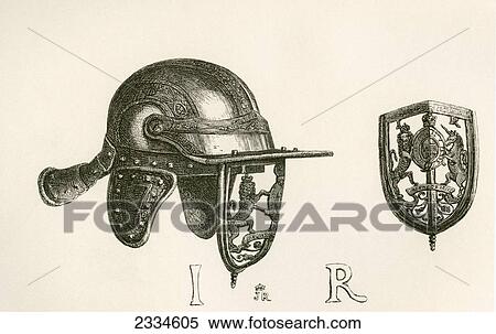 Stock Photography - Casque Of King James Ii With Cheek Pieces And Perforated Steel Visor Representing The Royal Arms, With Scroll Work Of Thistles Below. From The British Army: It's Origins, Progress And Equipment, Published 1868.. Fotosearch