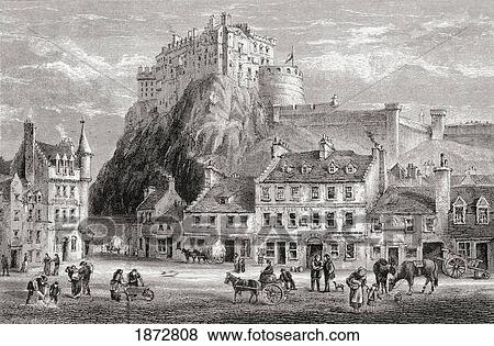 Stock Photo - Castle And Grassmarket, Edinburgh, Scotland. From The Book Scottish Pictures Drawn With Pen And Pencil By Samuel G. Green Published 1886.. Fotosearch