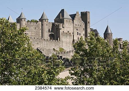Picture - Castle and ramparts of the double-walled castle; Carcassonne, Languedoc-Rousillion, France. Fotosearch
