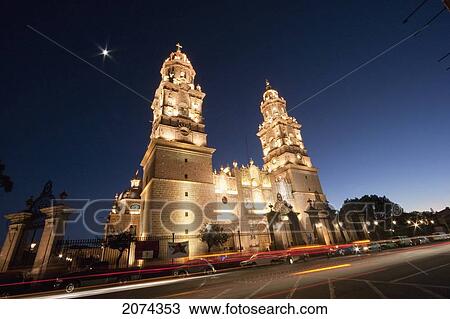 Stock Image - Cathedral At Dusk, Morelia, Michoac. Fotosearch