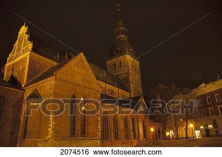 Cathedral At Night, Riga, Latvia View Large Photo Image Stock Photograph - Cathedral At Night, Riga, Latvia. Fotosearch