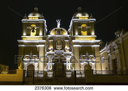 Stock Photo - Cathedral at night, Trujillo, La Libertad, Peru. Fotosearch