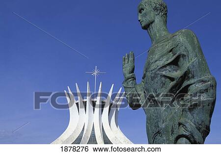 Stock Photograph - Cathedral Of Brasilia And Statue. Fotosearch