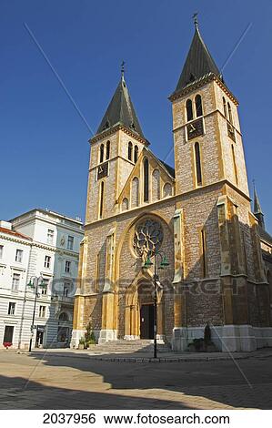 Stock Photograph - Cathedral Of Jesus' Heart Or Sarajevo Cathedral; Sarajevo Muslim-Croat Federation Bosnia And Hercegovina. Fotosearch