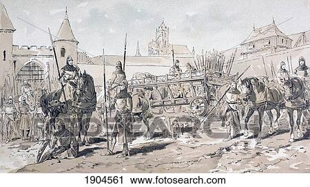 Stock Image - Cavalry And Foot Soldiers With Horse Drawn Wagon Carrying Arms And Supplies During The 13Th Century. After A Watercolour By A. Heins. From Cortege Historique Des Moyens De Transport. Published Brussels, 1886.. Fotosearch