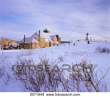 Stock Photo - Cemetery And Church At Perce Rock, Gaspe Coast, Quebec. Fotosearch