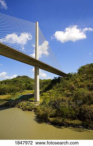 Stock Image - Centennial Bridge, Panama Canal, Panama, Central America; Suspension Bridge Over Canal. Fotosearch