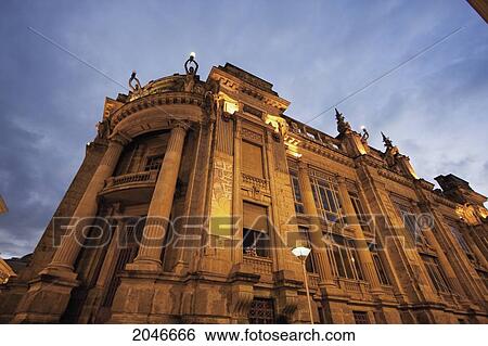 Stock Photograph - Central Bank Building At Night, Quito, Pichincha, Ecuador. Fotosearch