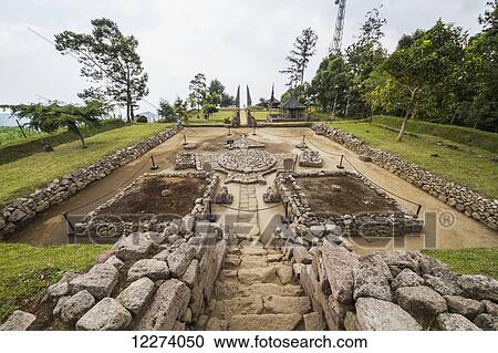 Stock Image - Ceremonial platform at Candi Cetho, a Javanese-Hindu temple located on the western slope of Mount Lawu, Central Java, Indonesia. Fotosearch