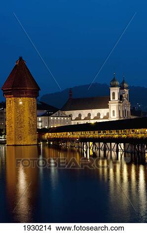Picture - Chapel Bridge Dusk, Lucerne, Switzerland. Fotosearch