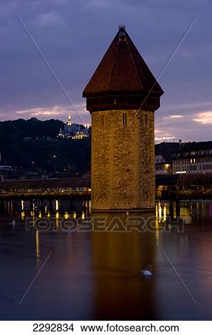 Picture - Chapel Bridge Dusk, Lucerne, Switzerland. Fotosearch