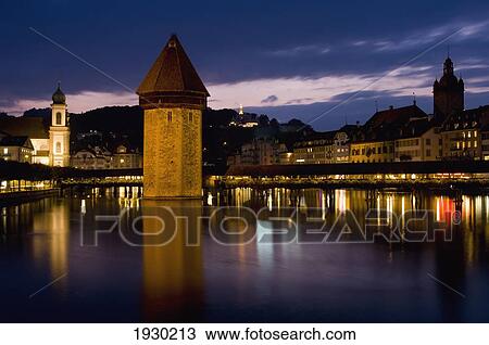Stock Image - Chapel Bridge Dusk, Lucerne, Switzerland. Fotosearch
