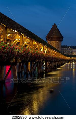 Stock Image - Chapel Bridge Dusk, Lucerne, Switzerland. Fotosearch