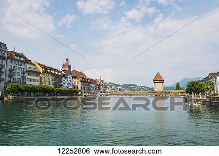 Stock Photograph - Chapel bridge on River Reuss; Lucerne, Switzerland. Fotosearch