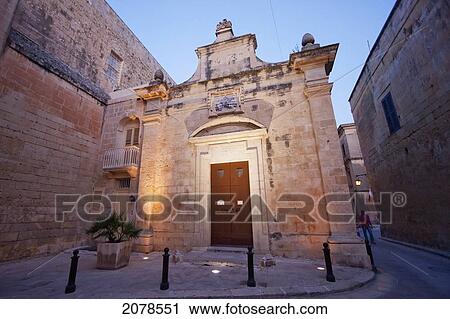 Stock Image - Chapel Of St. Agatha At Night, Mdina, Malta. Fotosearch