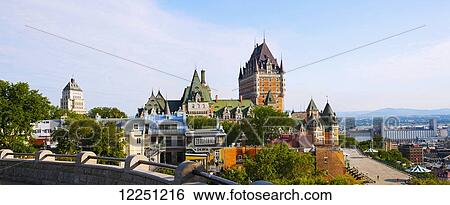Stock Photograph - Chateau Frontenac, Dufferin Terrace and Price building; Quebec City, Quebec, Canada. Fotosearch
