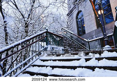 Picture - Chateau Frontenac Snow-Covered Stairway At Dawn, Quebec City, Quebec. Fotosearch