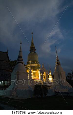 Chiang Mai, Thailand; Wat Suan Dok Temple Illuminated At Dusk View Large Photo Image Stock Photo - Chiang Mai, Thailand; Wat Suan Dok Temple Illuminated At Dusk. Fotosearch