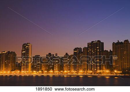 Stock Image - Chicago Downtown Skyline At Night. Fotosearch